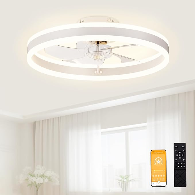 VOLISUN Low Profile Ceiling Fans with Lights and Remote, 19.7in Flush Mount Ceiling Fans with Light, 3000K-6500K Dimmable Fandelier LED Fan Light, White Bladeless Ceiling Fans with Lights for Bedroom