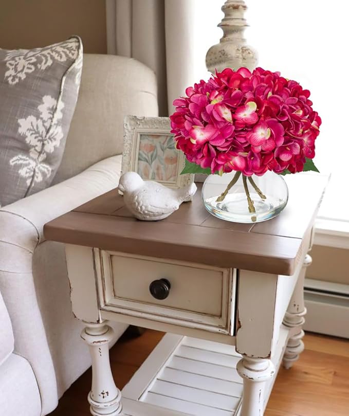 Hollyone Hydrangea Artificial Flowers with Glass Vase Fuchsia Silk Faux Flowers Arrangements in Vase with Faux Water Fake Floral Bulk Bouquet for Home Decor Table Centerpiece Decorations