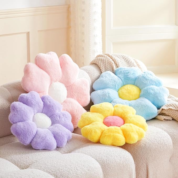 Flower Pillow, Pink Daisy Flower Decorative Pillows for Bed, Cute 19.6" Flower Shaped Pillow with Soft Faux Rabbit Fur Dorm Home Decor Floor Seating Cushion
