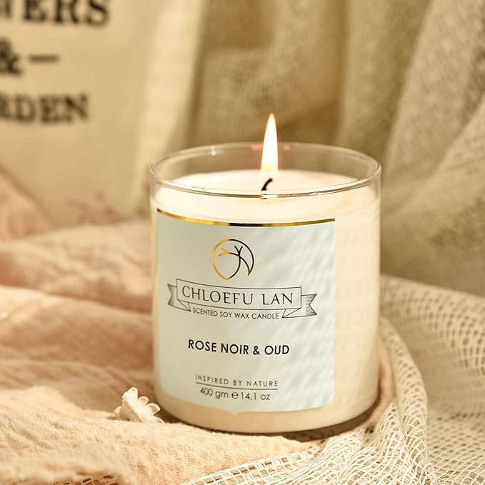 Chloefu LAN Rose Noir & Oud Scented Candle Luxury Soy Large Candle Jar 14.1 oz,100 Hours Long Lasting Burning Highly Scented Candle,Valentines Day Gifts for Her