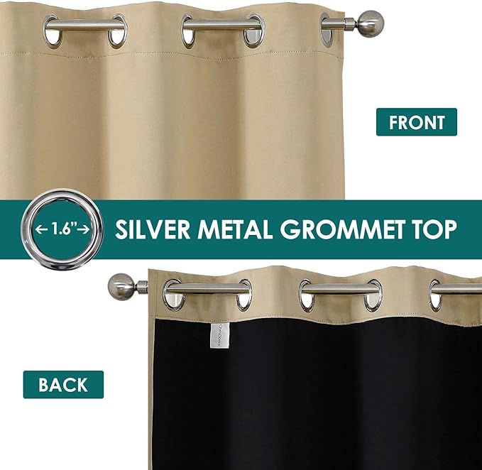 ChrisDowa 100% Blackout Curtains for Bedroom with Black Liner, 2 Thick Layers Total Blackout Thermal Insulated Grommet Window Curtains 2 Panels Set (Beige, 52 x 63 Inch)