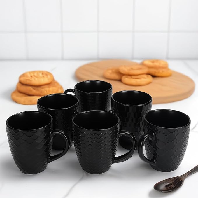 16 OZ Bone Coffee Mugs Set of 6 Matte Black, Large Ceramic Coffee Mugs Set with Different Texture Patterns, Porcelain Cups with Handle for Espresso Latte Tea Milk