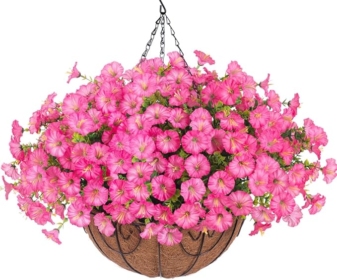 Artificial Faux Hanging Flowers Plants Baskets for Outdoors, Fake Silk Morning Glory in Planter UV Resistant Realistic Artificial Flower for Outside Porch Patio Balcony Garden Yard Home Decor