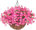 Artificial Faux Hanging Flowers Plants Baskets for Outdoors, Fake Silk Morning Glory in Planter UV Resistant Realistic Artificial Flower for Outside Porch Patio Balcony Garden Yard Home Decor