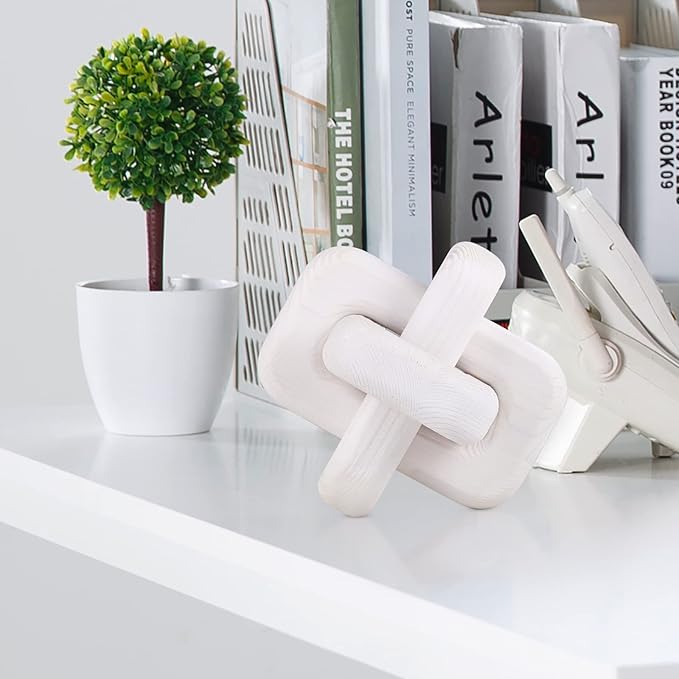 Wood Knot Decor Boho Hand-Carved White Wood Chain Knot Decor for Bookshelf, Shelf, Entryway Table, Coffee Table, Living Room TV Stand, Farmhouse Rustic Decor Aesthetics (White)