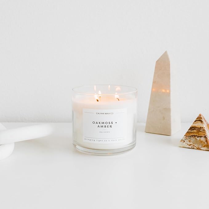 Calyan Wax Co. 3 Wick Candle, Oakmoss + Amber Scented Candle, 43 Hour Burn Time, 3 Wick Soy Candles, Non Toxic & Vegan Soy Wax, Glass Jar Scented Candles, 14.9oz