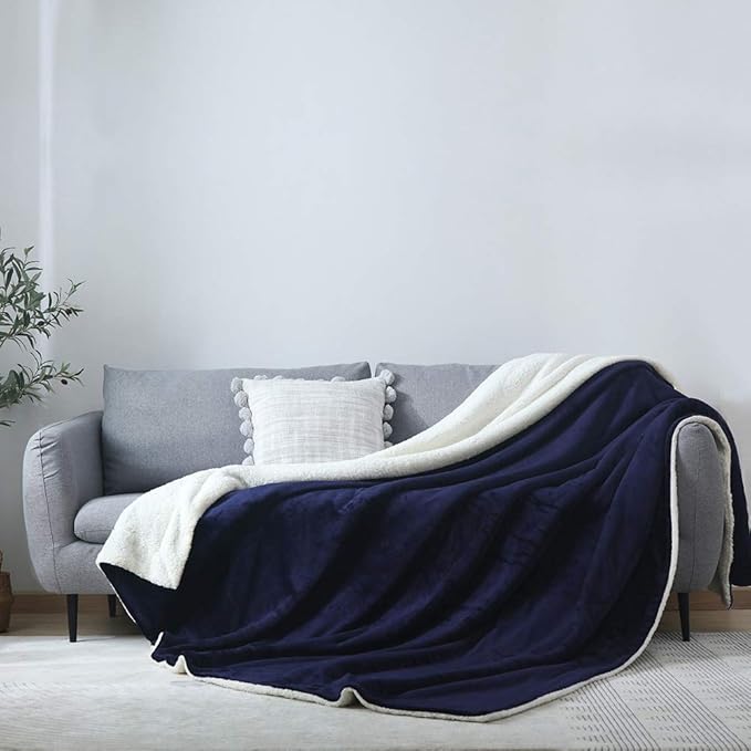 NANPIPER Couch Blanket Reversible Sherpa Flannel Blanket Ultra-Soft Plush Warm Fleece Microfiber (90"x90" Navy Blue) Queen