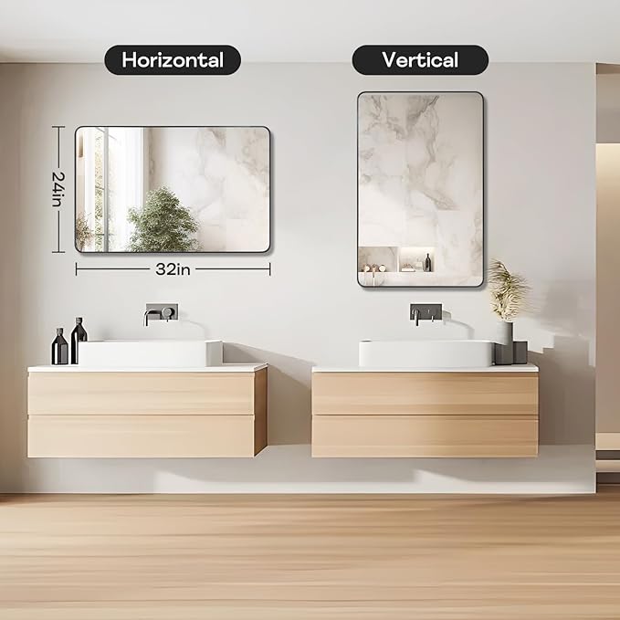 Black Framed Bathroom Mirror for Wall, Matte Black Rounded Corner Rectangle Vanity Mirror, Brushed Frame, Tempered Glass, Anti-Rust, Hangs Horizontally or Vertically (24" x 32", Black)