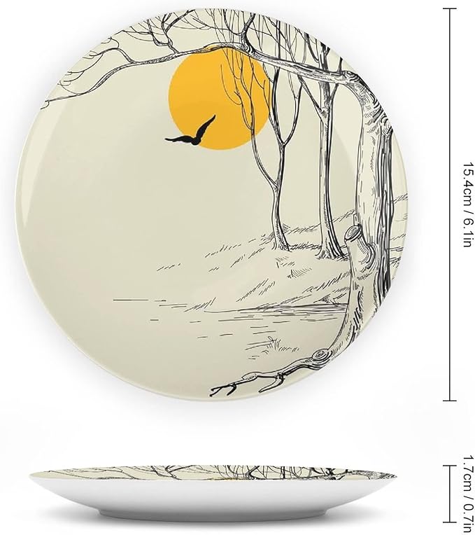 8 Inch Decorative Plate, Apartment Decor Ceramic Plate, Full Moon in Forest with Dry Branch Gull Tranquil Calm Nature Print Ceramic Wall Hanging Decor Accessory for Dining Table Tabletop Home Decor