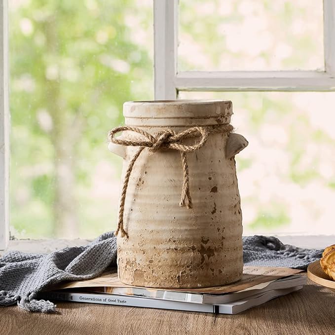 SIDUCAL Ceramic Decorative Flower Vase, 8 Inch Rustic Distressed Pottery Decorative Flower Vase for Home Decor, Ideal Shelf, Bookshelf, Mantle, Entryway, Living Room, Table Decor