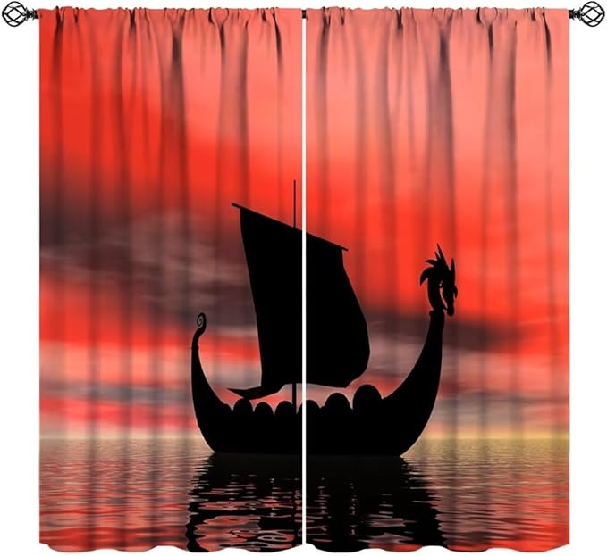 Viking Ship Curtains, Fantasy Ocean Vintage Sailboat at Sundown Nautical Themed Print Blackout Window Treatments for Boys Bedroom Living Room 42x45 Inch