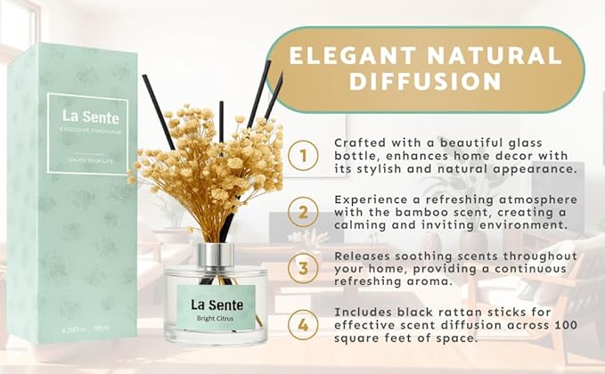 Reed Diffuser Set, Glass Bottle with Black Rattan Sticks, Dried White Flowers, 6.7fl oz, 200ml (Bright Citrus)