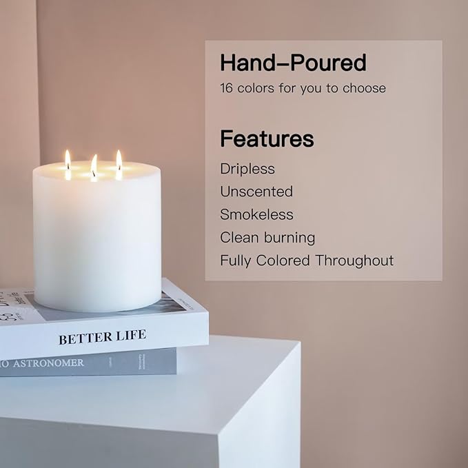 MOZEAL Extra Large 3 Wick White Pillar Candle, 6" x 6", Unscented, Dripless, Smokeless, and Clean-Burning. Approx. 80 Hours of Burn Time. Perfect for Weddings, Dinners, Christmas and Home Decor
