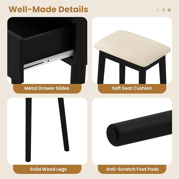 CHARMAID Vanity Desk with Mirror and Lights, Modern Makeup Vanity Table with 4 Drawers, 3-Color Dimmable LED Mirror, Girls Dressing Table and Stool Set for Small Bedroom (Black)