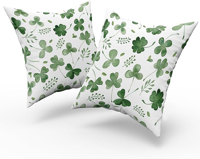 Giwawa St Patricks Day Pillow Covers Set of 2, 18"x18" Watercolor Clovers Sage Green Leaves Square Pillowcases, Spring Shamrock Eucalyptus Throw Cushion Cover for Sofa Couch Bedding Car Decor