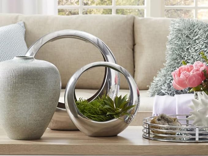 Modern Day Accents 3501 Large Anillo 2-Tone Decorative, Aluminum, Tabletop, Accents, House Decor, Bowl, Modern, Engagement Wedding Trays, Ring Display Stand, Key Holder 16"L x 8"W x 16"H, Brown Silver