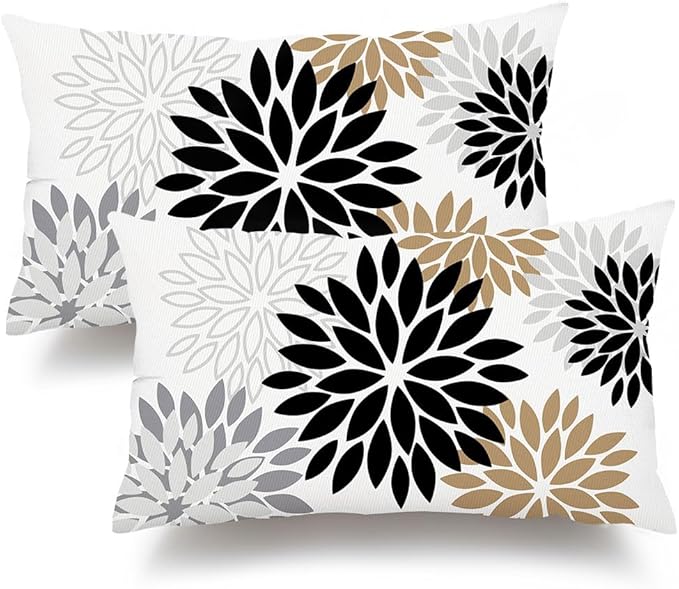 DFXSZ Black Brown Pillow Covers 12x20 Inch Set of 2 White Gray Flower Throw Pillows Farmhouse Outdoor Modern Floral Linen Square Cushion Case Decor for Living Room Sofa Patio Funiture Garden 002B12