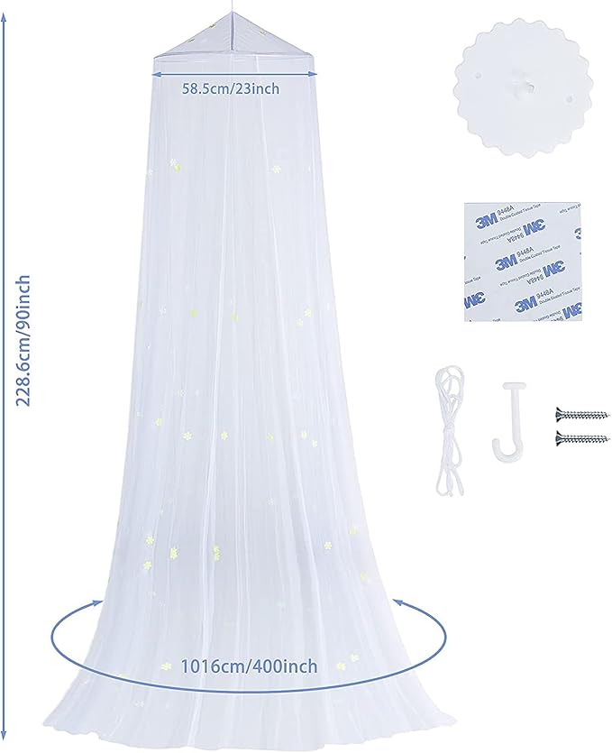 Mosquito Net for Bed, Large White Bed Canopy for Girls, Hanging Bed Net, Ideal for Bedroom Decorative, Travel with Storage Bag (Snowflake)