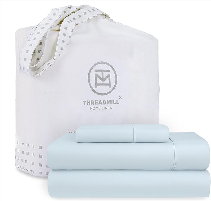 Threadmill Cotton Twin XL Sheet Set | 100% Cotton Sheets for Twin XL Size Bed | Solid Sateen Twin XL Bed Sheets Set with 16” Deep Pocket | Soft Breathable 3-Piece Cooling Sheets | Light Blue