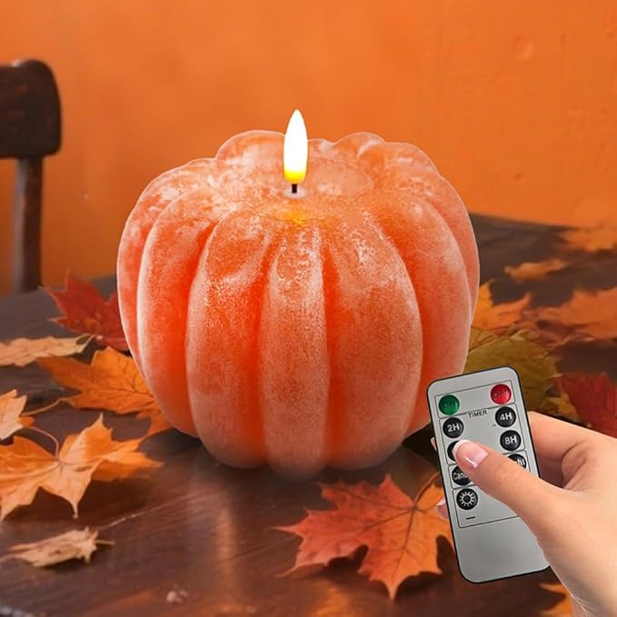 Fall Decor, Fall Decorations for Home - Flameless Pumpkin Candle with Timer Remote - Room Bedroom Table Farmhouse Decor for Halloween, Thanksgiving, Orange