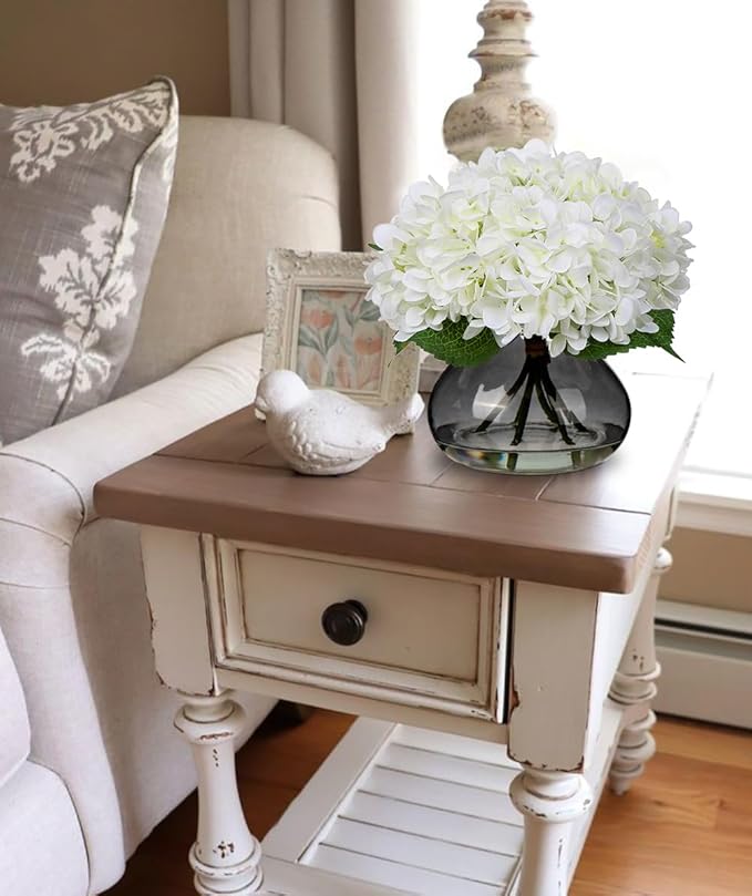 Hollyone Hydrangea Artificial Flowers with Glass Vase White Silk Faux Flowers Arrangements with Faux Water Fake Floral Bulk Bouquet for Home Decor Table Centerpiece Decorations