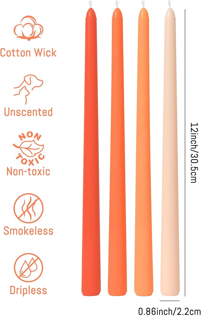 Viyffo Taper Candles 12 Inch 4 Pack Orange, 9 Hour Burn Unscented Dripless & Smokeless Decorative Candles for Dinner, Wedding & Home Decor