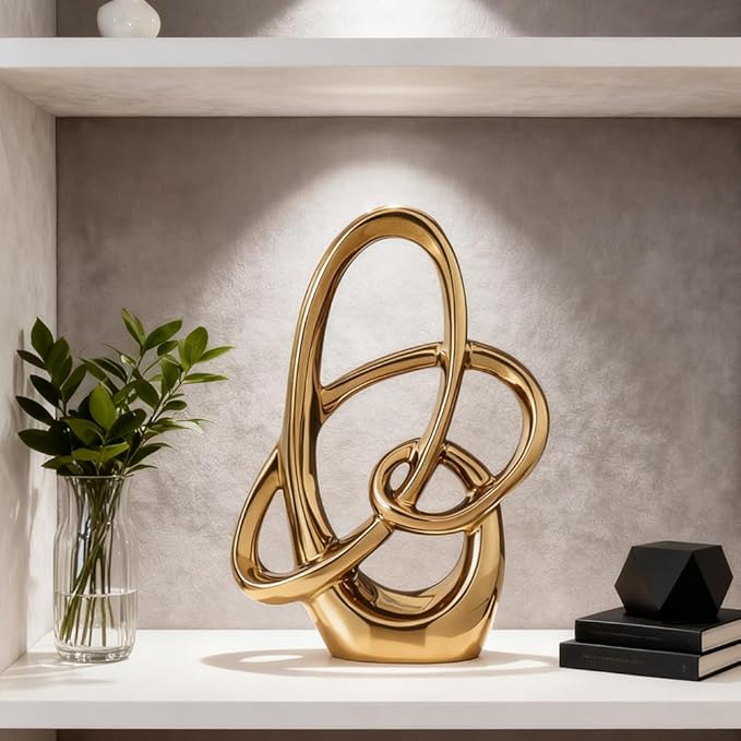 11in Gold Ceramic Statue – Modern Abstract Art Figurine for Shelf, Dining Table Centerpieces, Office, Living Room, Wedding or Coffee Table Home Decor Accent