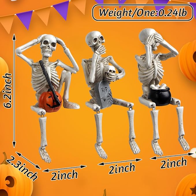 Halloween Skeleton Stalue Set of 3, Gothic Decoration of Skull with Pumpkinand Tombstone, See Speak Hear No Evil Statues Home Decor