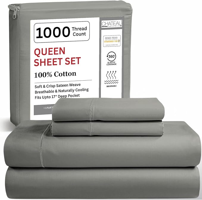 CHATEAU HOME COLLECTION 100% Cotton Sheets Queen Size - 1000 Thread Count Luxury Sateen Weave- 15" Deep Pocket Queen Sheet Set- Machine Washable Fade Restistant- Silver