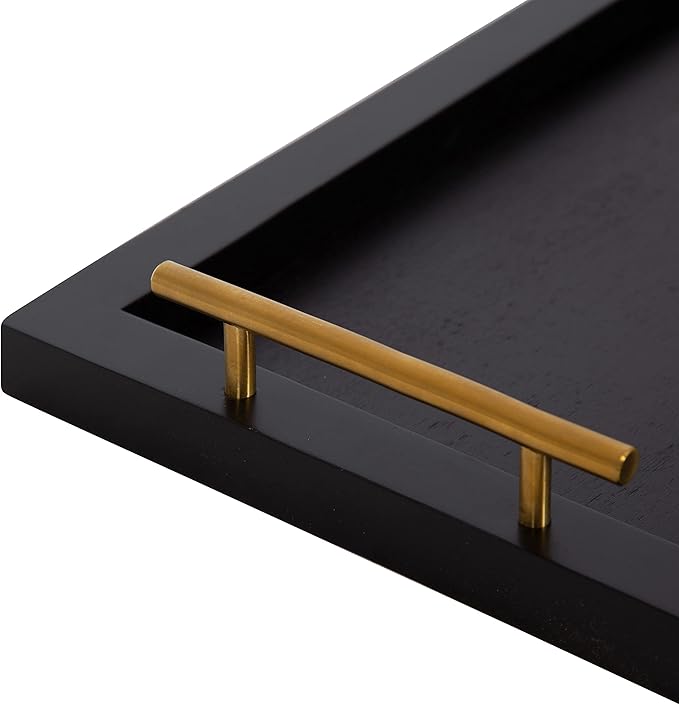 Kate and Laurel Halsey Narrow Rectangle Decorative Wooden Tray with Polished Metal Handles; 24 x 10; Black and Gold; Modern Glam Wood Rectangular Serving Tray for Display or Decoration