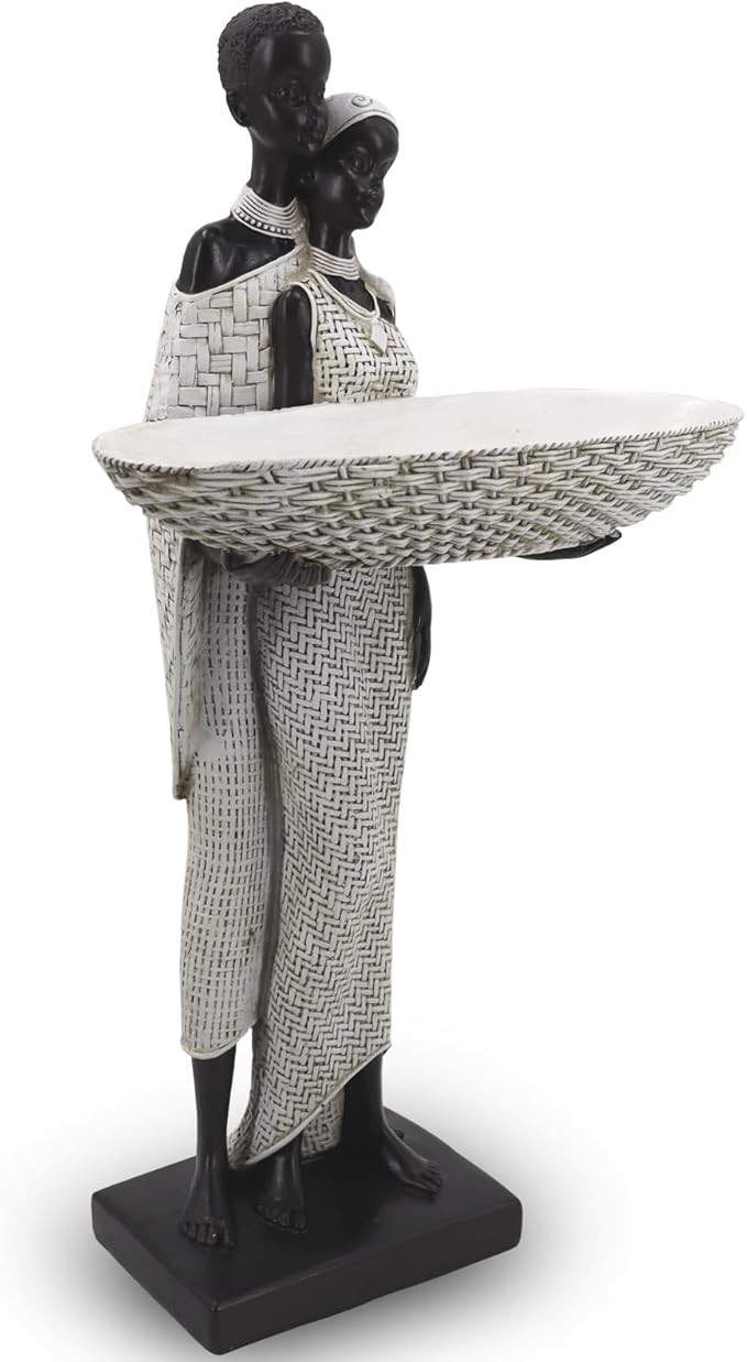 Ivory White African Couple Statue - Minimalist Standing Figure with 7.8" Basket, Resin Home Decor for Small Items, Neutral Shelf Accent (12.5" H)