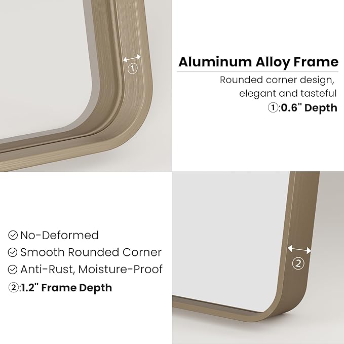 Bronze Bathroom Mirror 28x36 Inch, Brushed Bronze Metal Frame Mirror for Wall, Rounded Rectangle Bathroom Vanity Mirror with Tempered Glass, Anti-Rust, Horizontal/Vertical