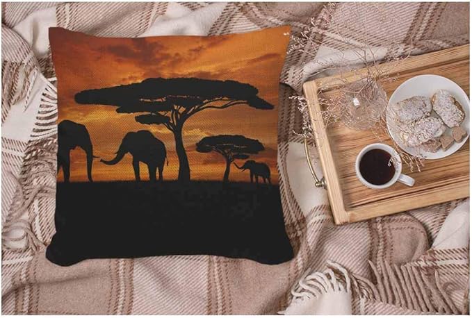 WONDERTIFY Throw Pillow Cover Case African Animal Elephants Family Walk Sunset,Soft Linen Pillow Case for Decorative Bedroom/Livingroom/Sofa/Farm House,Couch Pillow Cushion Covers 18x18 Inch 45x45 cm