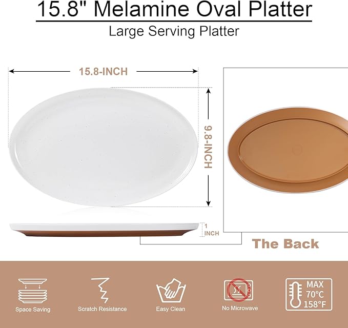 Webbylee ‌16" Melamine Oval Platter Set of 2 - Lightweight Durable Serving Tray for Party, Catering & Home | Dishwasher Safe, Fits Turkey/Charcuterie-White & Brown