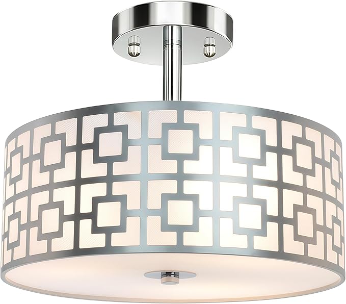 DLLT Flush Mount Ceiling Light: Modern 3-Light Brushed Nickel Kitchen Light Fixture - Drum Lighting Fixture for Dining Room - Silver Bedroom Ceiling Lamp with Double Shade