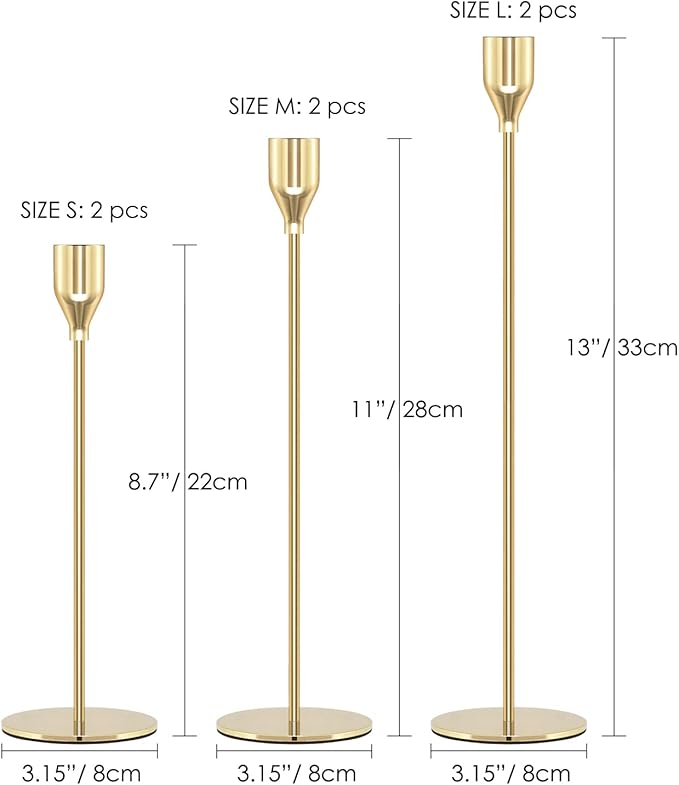 Gold Candle Holders Candlestick Holders for Taper Candles, Set of 6 Modern Decorative Candle Sticks Long Holder for Table Centerpiece, Wedding, Dinning, Party (Candles are not Included)