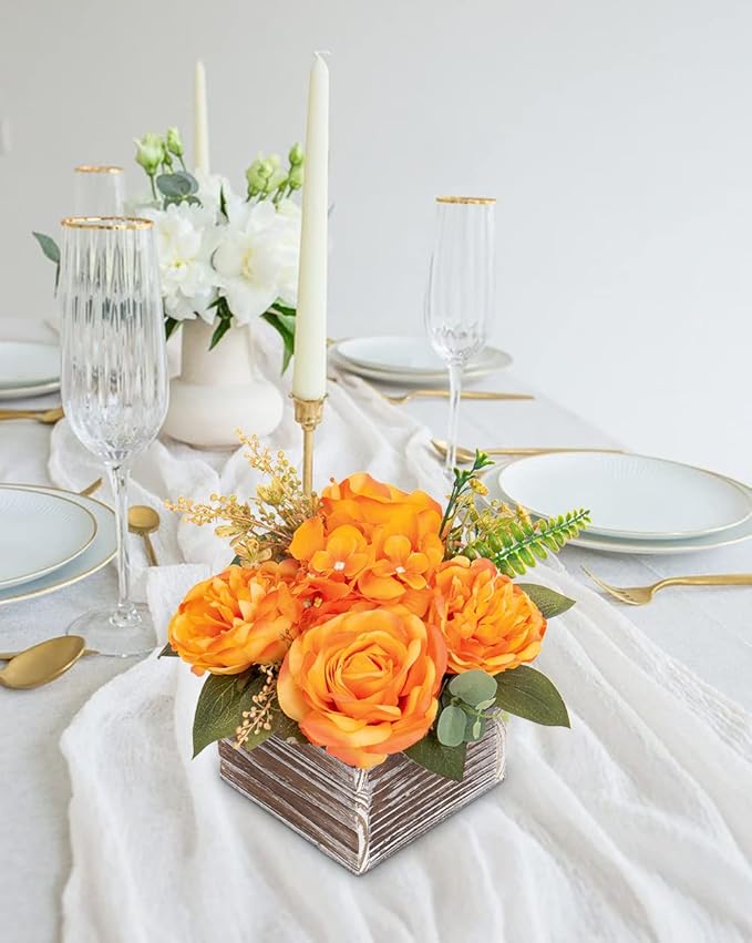 DILATATA Artificial Flower Arrangement, 8'' Orange Roses Peonies Hydrangeas in Wooden Planter, Rustic Fake Flowers in Pot for Home Decor Living Room - 1PC