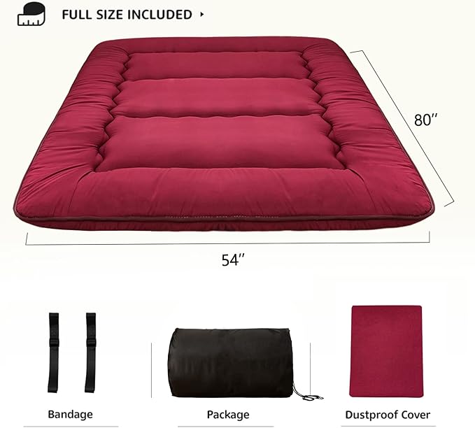 MAXYOYO Japanese Floor Mattress Futon Mattress, Thicken Sleeping Pad Foldable Roll Up Floor Futon for Adults Tatami Mat Dormitory Bed Lounger, Burgundy, Full Size