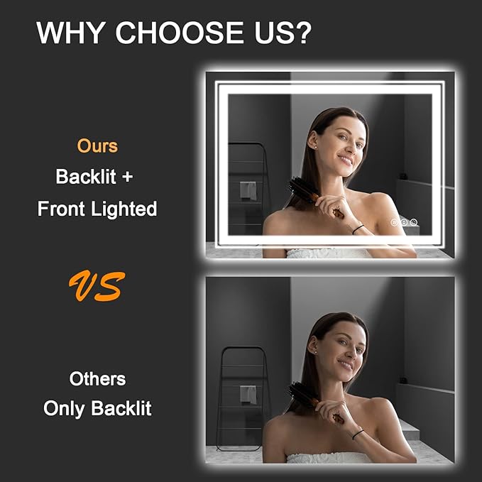LED Bathroom Mirror, 40"x24" with Front and Backlit, Anti-Fog, Bathroom Vanity Mirror for Wall, Memory Function, Stepless Dimmable, Tempered Glass (Horizontal/Vertical)