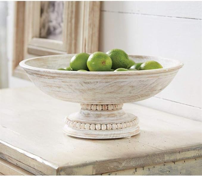 Mud Pie Beaded Wood Pedestal Bowl, White, 6" x 14" dia