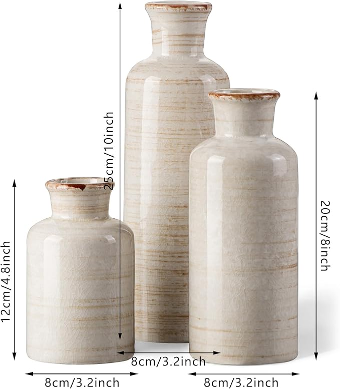 CwlwGO- Ceramic Rustic Vase 3 Piece Set,Small vase for Country Home Decoration,Modern Farmhouse Decor, Living Room Table Decoration, Bookcase, Fireplace and Entrance Decorations.(White)