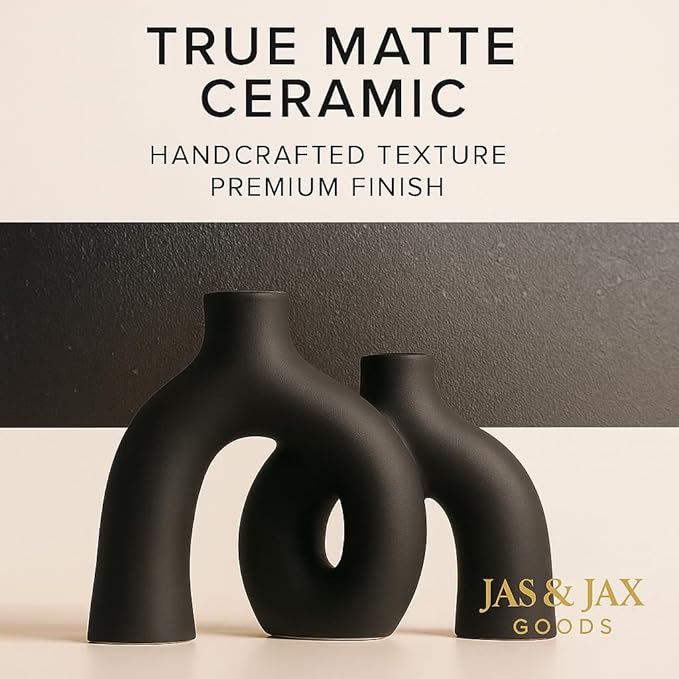 Matte Black Vase Set - Hug Donut vase, Black Ceramic Vases, Home Decor, Modern Minimalist Decorative Vase, Table Centerpiece, Bookshelf, Office Entryway,Console,Fireplace,bedrooms(Matte Black)