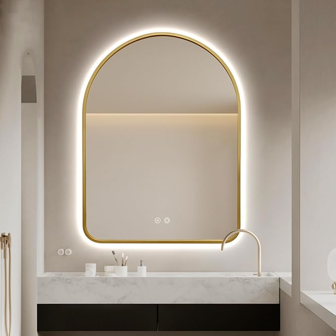 40"x30" Arched LED Bathroom Mirror, Wall Mounted Backlit Mirror with Lights Fog Free Lighted Framed Mirror Smart Anti-Fog 3 Color Temperatures Adjustable Brightness Gold
