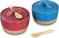 Mora Ceramic Salt and Pepper Cellar Set with Lid - 10 oz Modern Canister/Container/Bowl for Storage, Sea Salt, Spice, Sugar, Countertop - Small Dish/Jar with Wood Spoon, Azure Blue & Crimson Red Crock