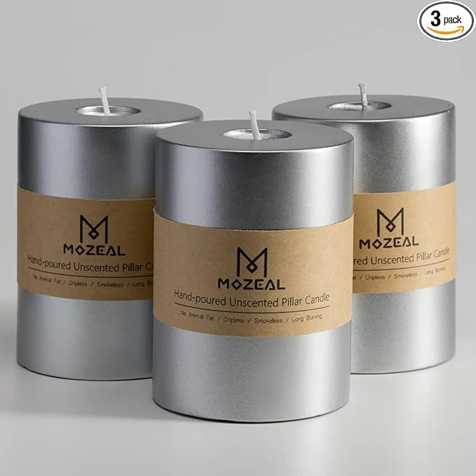 MOZEAL 3" x 4" Hand-Poured Unscented Candle,Dripless Pillar Candle Set of 3,Long Clean Burning,Approx 72 Hours Burn Time,Rustic Country Style,Wedding,Dinner,Christmas and Home Decor,Silver