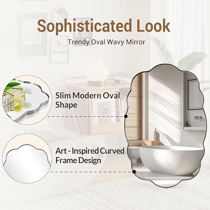 ANDY STAR Brushed Nickel Mirror Scalloped Edge - Modern Bathroom Wall Mirror 22x30 Inch, Corrosion Resistant, Easy Clean SUS Frame
