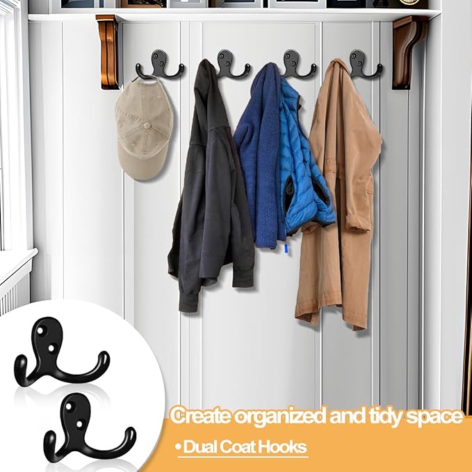 20 Pack Coat Hooks Wall Hooks for Hanging, Heavy Duty Double Prong Metal Hook Wall Mounted for Living Room, Bathroom, Kitchen, Bedroom for Coat, Bag, Scarf, Towel, Hat, Key, Cup (Black)