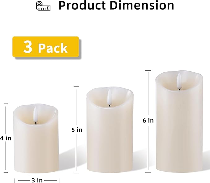 Flameless Candles Battery Operated Pillar Real Wax Electric LED Flashing Candle Sets with Remote Control Cycling 24 Hours Timer, 4" 5" 6" Pack of 3 (Ivory)