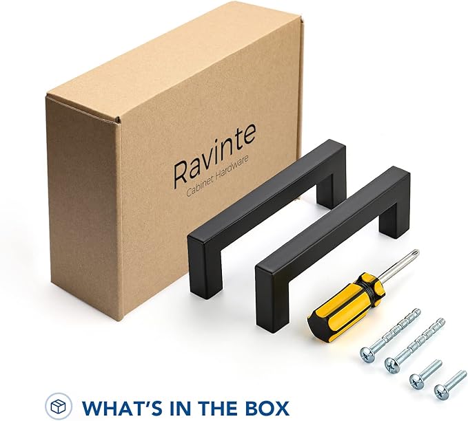 Ravinte 25 Pack Black Cabinet Pulls 3-3/4 Inch Square Kitchen Cabinet Handles Matte Black Kitchen Hardware for Drawer Pulls Drawer Handles Come with Screwdriver