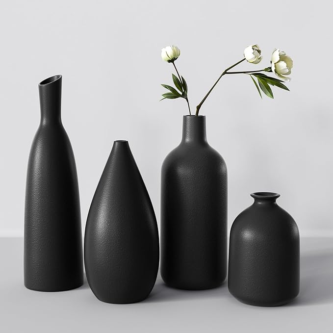 Ceramic Vases, Set of 4, Black, Flower Vases, Modern Decoration, Aesthetic, Vases for Pampas Grass, Flowers, Table Decoration, Tulip Vase, Bookshelf, Mantle, Living Room, Bedroom, Office, Wedding Gift